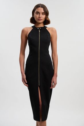Karen Millen Womens Ponte Halter Neck Front Zip Trim Midi Dress - Black Viscose - Size Large