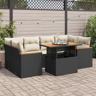 vidaXL Set Sof&aacute;s Jard&iacute;n Y Cojines 6 Pzas Rat&aacute;n Sint&eacute;tico Acacia Negro Vidaxl