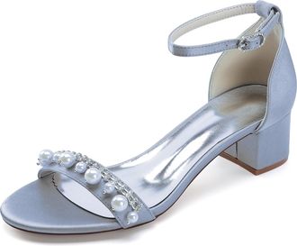 Generic Bridal Shoes Women Open Toe Pearl Block Heels Wedding Shoes Low Heel Chunky Heels Bridal Satin Heels Sandals 4.5Cm,Silver,10 UK