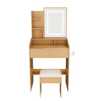 Urban Meuble Tocador efecto madera con espejo LED, enchufe y taburete