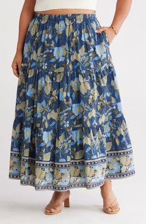 Treasure & Bond Print Tiered Maxi Skirt in Navy- Olive Jacobean Border at Nordstrom Rack, Size 1X