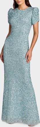 Mac Duggal Beaded Mesh Short-Sleeve Gown