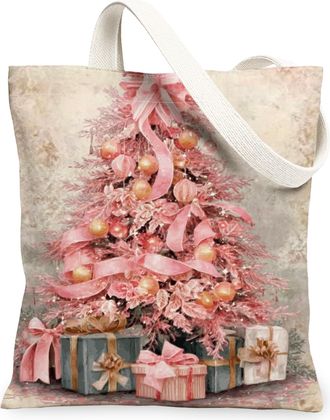 Generic Christmas Tree Canvas Tote Bags, Elegant Festive Design Reusable Grocery Bags, Vintage Lightweight Washable Shoulder Strap, Peach, 13x15 Inch