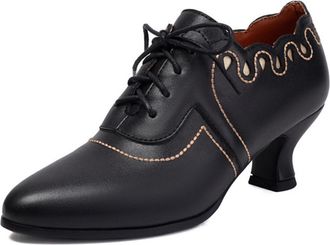 Generic Womens Lace Up Pumps PU Leather Scalloped Edge Contrast Stitching Pointed Toe Low Stiletto Heel Comfortable Stylish Daily Fashion Shoes,Black,4.5 UK