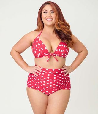 Unique Vintage Plus Size Monroe High Waist Bikini Bottom in Red & White Polka Dot Print at Nordstrom, Size 1X