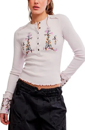 Free People Fleur Embroidered Henley Top in Lavender Combo at Nordstrom, Size X-Large