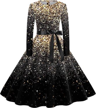 Generic Christmas Dress for Women 1950s Audrey Hepburn Style Moose Long Sleeve Round Neck Elegant Cotton Gnomes A Line Midi Plaid Work 1940s 60s Rockabilly Wo