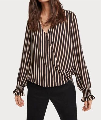 Scotch & Soda Wrap-Over Top With Smocked Cuff In Black Cream Stripe