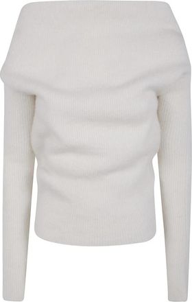 Rick Owens Off-the-Shoulder Geribbelde Gebreide Trui - Dames - Ronde hals truien - Wit - L - Wol - Truien & Vesten
