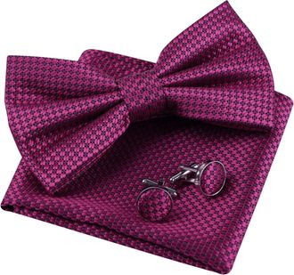 Alizeal Mens Solid Color Pre-tied Bow Tie, Pocket Square and Cufflinks Business Wedding Formal Tie Set, Hot Pink