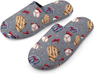 Generic Baseballs Baseball Gloves Flannel Mens Slip-on Slippers Winter Warm House Shoes with Rubber Sole for Home Hotel