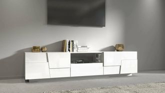 Dmora Dmora - Mueble Tv Vanni, Aparador Bajo De Sal&oacute;n Con 4 Puertas Y 1 Caj&oacute;n, Base Para Mueble Tv, 220x44h46 Cm, Blanco Brillo