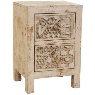 Wanderlust Deco Mesita De Noche De Madera Tallada Artesanal Beige 40x35x60h Cm