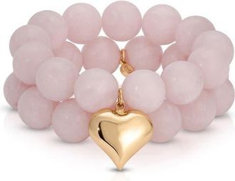 Ettika Luck & Love Stone Puffy Heart Stretch Bracelet in Rose Quartz at Nordstrom
