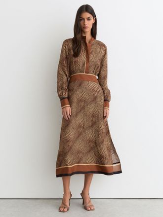 Reiss Neutral Petite Animal-print Midi Shirt Dress, 14