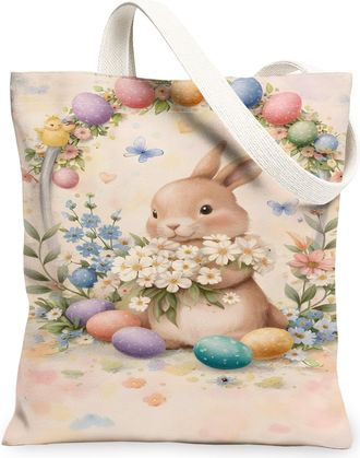 Generic Easter Floral Canvas Tote Bags, Bunny Flower Pattern Reusable Grocery Bags, Spring Vintage Lightweight Washable Shoulder St, Pastel, 13x15 Inch