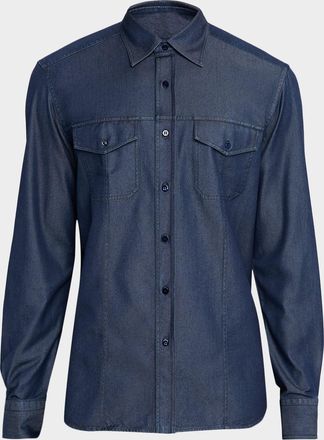 Stefano Ricci Mens Cotton and Silk Denim Button-Down Shirt