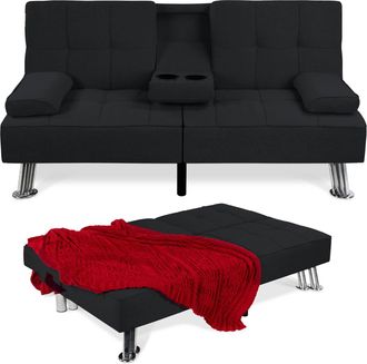 Best Choice Products Modern Linen Convertible Futon Sofa Bed w/ Removable Armrests, Metal Legs, Cupholders