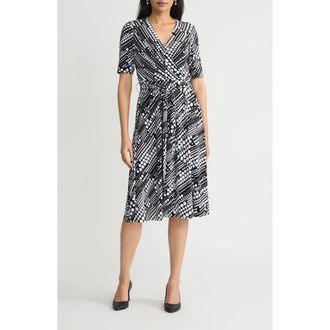 Kasper Pleated Tie Belt Dress in Black/Lily White at Nordstrom, Size 10