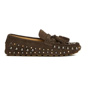 Strategia Loafers, female, Brown, Size: 8 US Suede Moccasin with Studs and Rhinestones