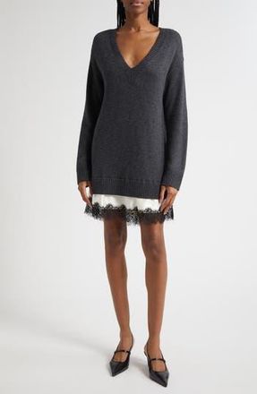 Cinq &agrave; Sept Simona Lace Trim Long Sleeve Sweater Dress in Charcoal at Nordstrom Rack, Size X-Small