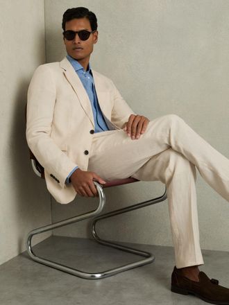 Reiss Kin Single-breasted Linen Suit Blazer Slim Fit, 40, Cream