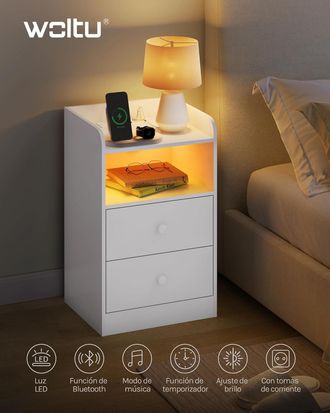 Woltu 1x Mesita De Noche Moderna Para Dormitorio, Con Enchufes, Puertos Usb Y Luces Led, Mesa De Centro Con 1 Tablero, 1 Compartimento Y 2 Cajones Blanco - 