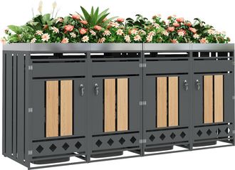 STILVORA Armario Para Cubos De Basura Con Jardinera Integrada Y 4 Compartimentos Con Cerradura En Acero Gris Y Madera