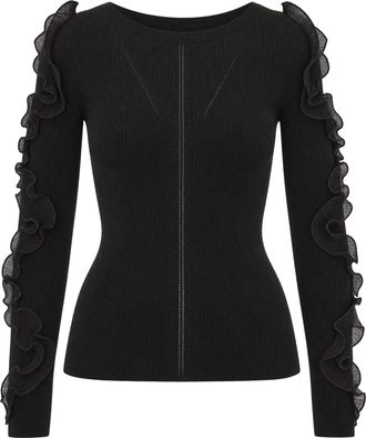 Liu Jo Black Ribbed Organza Ruffled Knit Top