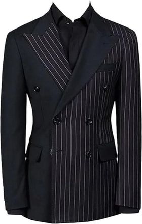 Generic Mens With Lace Reverse Slim Fit Double Breasted Blazer Elegant Striped Formal Dinner Jacket black XL