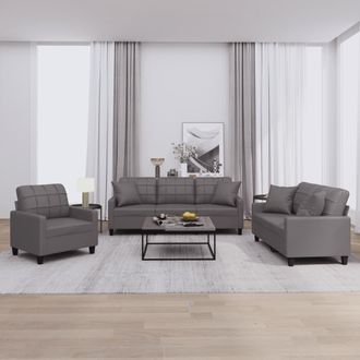 vidaXL Vidaxl - Juego De Sof&aacute;s Con Cojines 3 Piezas Cuero Sint&eacute;tico Gris