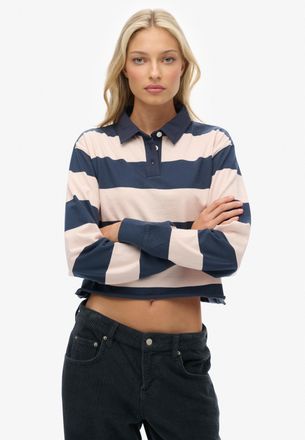Superdry Langarm-Poloshirt SUPERDRY ATH ESS CROPPED STRIPE RUGBY, Damen, Gr. XL, lauren navy, pink stripe, Single Jersey, Obermaterial: 100% Baumwolle, gestrei