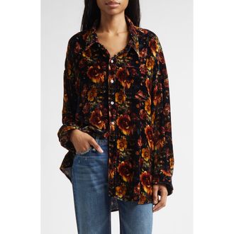 R13 Oversize Floral Drop Neck Velvet Button-Up Shirt in Orange Multi Floral at Nordstrom, Size X-Large