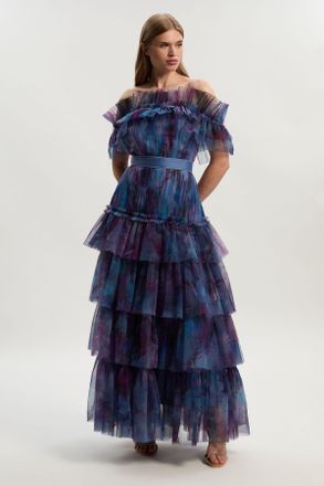 Karen Millen Womens Floral Print Tulle Layered Off The Shoulder Maxi Dress - Size 10 UK