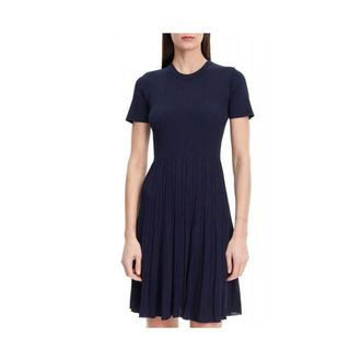 Michael Kors Kleedjes, Dames, Blauw, L, Nylon, Geribbelde Gebreide Jurk met Korte Mouwen