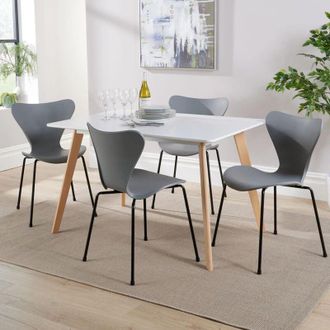 Home Source Industries Home Source - Dining Table Set 120cm White Top Wooden Legs 4 Curved Plastic Metal Grey Chairs