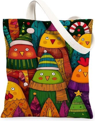 Generic Christmas Birds Canvas Tote Bags, Colorful Animal Pattern Reusable Grocery Bags, Lightweight Washable Shoulder Strap Canvas, Multicolor, 13x15 Inch