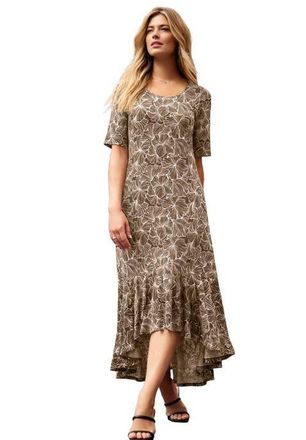 Jessica London Stretch Knit Flounce Hem Maxi Dress in Brown Outlined Flowers at Nordstrom, Size 14