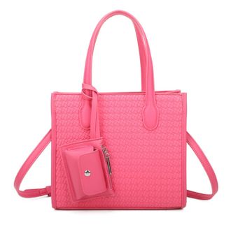 Generic Womens Tote Bag, Textured Weave Pattern, Shoulder Bag with Crossbody Strap, Small Pouch Attachment (Fuchsia)