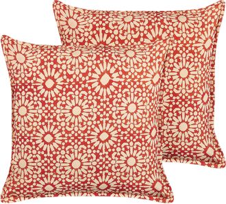 Beliani Conjunto De 2 Cojines De Algod&oacute;n Rojo Blanco Crema 45 X 45 Cm Geom&eacute;trico Ceiba