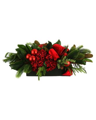 Creative Displays Inc. Christmas Centerpiece With Hydrangeas, Evergreen & Ribbon