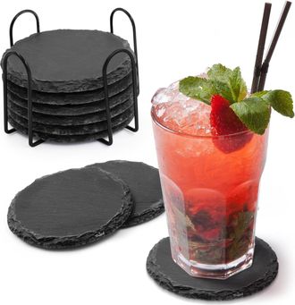 OEM Posavasos De Pizarra Para Cocina, Juego De 8, Posavasos Negros De Primera Calidad Con Elegante Soporte, Duraderos Y Absorbentes, Perfectos Para Proteg