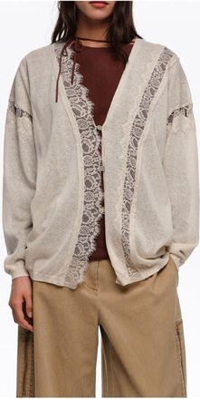 Bimba & Lola Long Cotton and Linen Cardigan With Lace Trim in Sand at Nordstrom, Size Xx-Small Eu