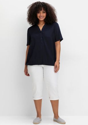 Sheego Longbluse SHEEGO, Damen, Gr. 40, blau (tiefblau), 89% Viskose, 11% Polyamid, unifarben, V-Ausschnitt, Blusen Longbluse