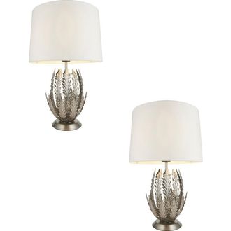 Loops 2 PACK Ornate Silver Table Lamp Ivory Cotton Fabric Shade Decorative Leaf Design in Metallics
