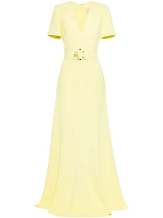 Elie Saab belted cady V-neck gown - Green