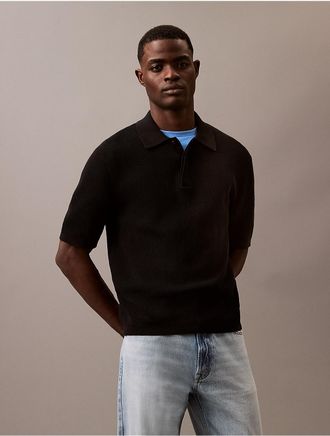 Calvin Klein Mens Smooth Cotton Waffle Sweater Polo Shirt - Black - 2XL