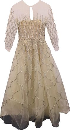 Oscar De La Renta Quarter-Sleeve Corded Gown in Cream Tulle