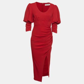 Self Portrait Red Stretch Crepe Draped Thigh Slit Midi Dress