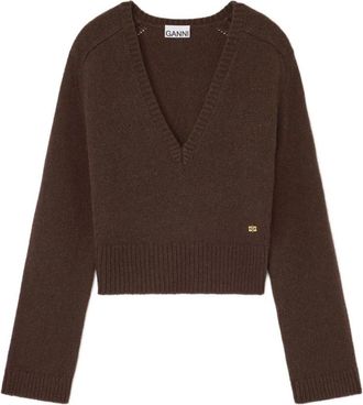 Ganni Bruine Wol Yak Trui - Dames - V-hals truien - Bruin - XS - Wol - Truien & Vesten